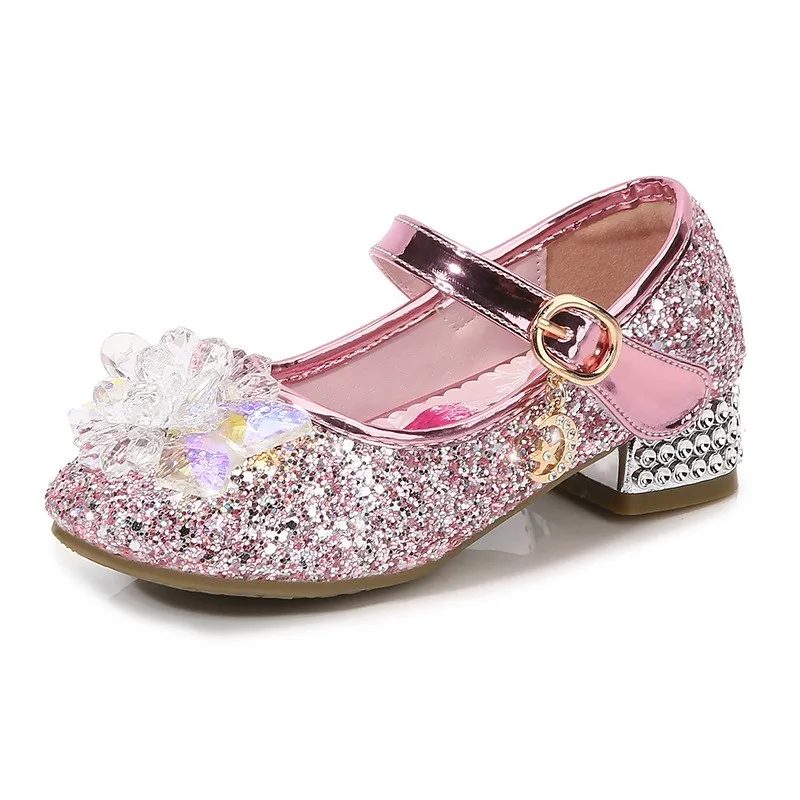 Frozen Elsa Princess Girls Leather Crystal Shoes Glitter Casual High Heels Girls Sandals Pink Blue Silver Elsa Shoes