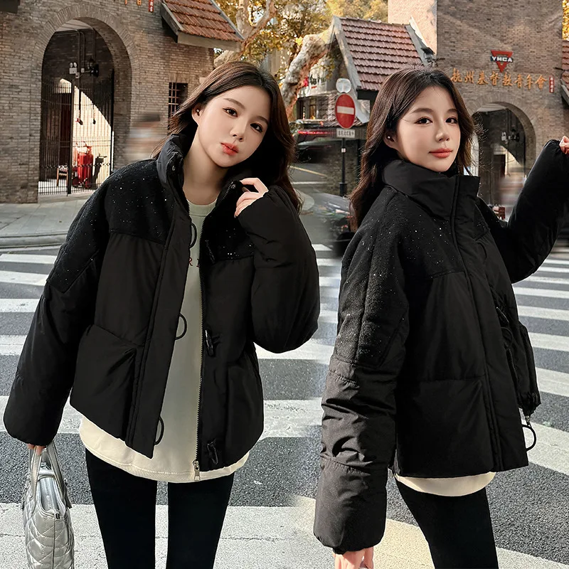 Retro Horn Buckle Stitching Cotton-padded Jacket Women Winter Coat Korean Casual Fashion Cotton Clothes Parkas Female Outwear