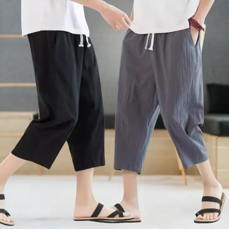 Men's 2025 fashion casual cropped pants solid color breathable loose shorts straight pull pants street wear men's