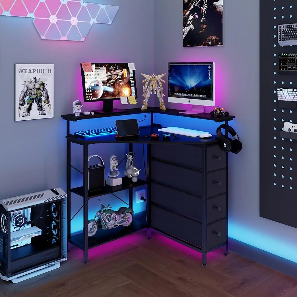 Corner Desk With Drawers Shelves For Small Space 90 Degrees Triangle Computer Desk With Power Outlets,Gaming Desk With Led