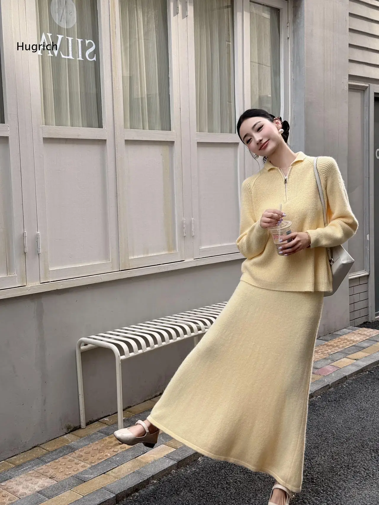 Stylish Pastel Yellow Sweater And Skirt Set With Comfortable Stretch Material Women Fashionable Daily Outfit For Cool Weather