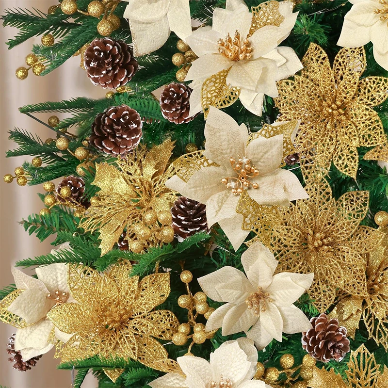 8/16 Stück Weihnachtsdekorationen, glitzernde künstliche Blumen, Weihnachtsbaumschmuck für Heimdekoration, gefälschte Blumen, Weihnachten, Neujahrsgeschenke – Detail 3
