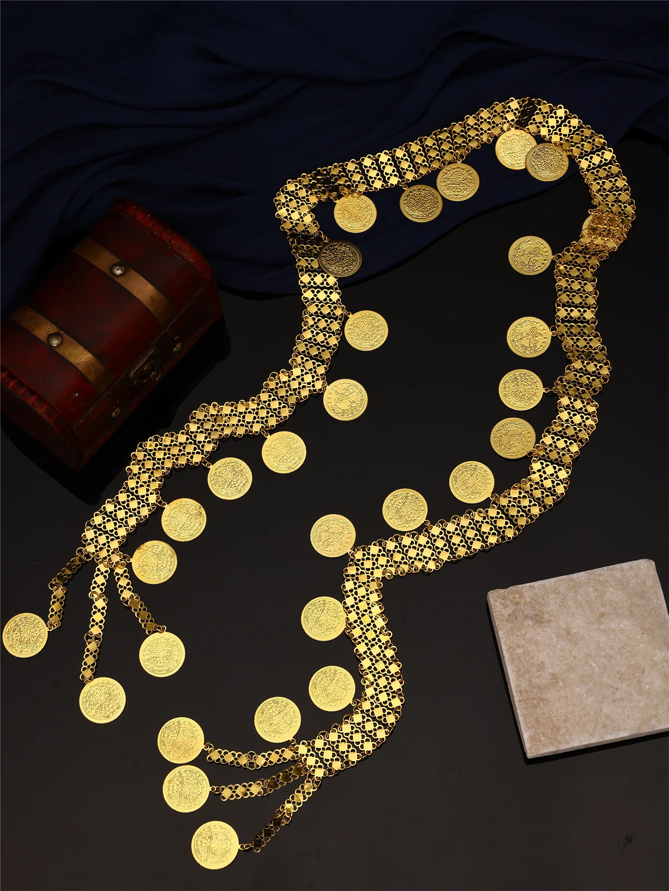 Lujosa cadena vintage para el cuerpo para mujer, multifuncional, se puede utilizar como cadena para la cintura o cadena para el hombro, combinada con colgantes de monedas turcas, longitud ajustable, cadena de joyería para banquetes de vacaciones para mujer