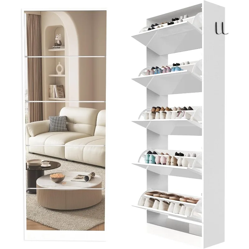 Mirror Shoe Storage Cabinet for Entryway, Narrow Slim Free Standing Hidden Shoe Cabinet with 5 Flip home.