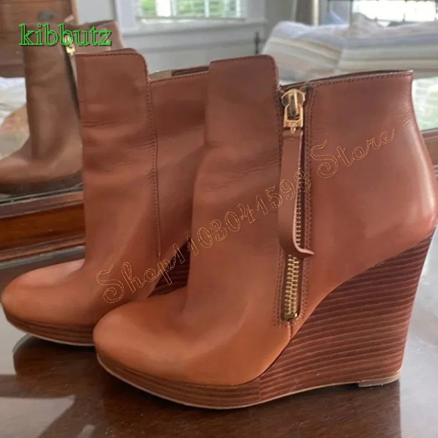 Round Toe Brown Leather Ankle Boots Striped Thick Heel Zipper Women Boots Party Heel Boots Plus Size2024 New Zapatos Para Mujere