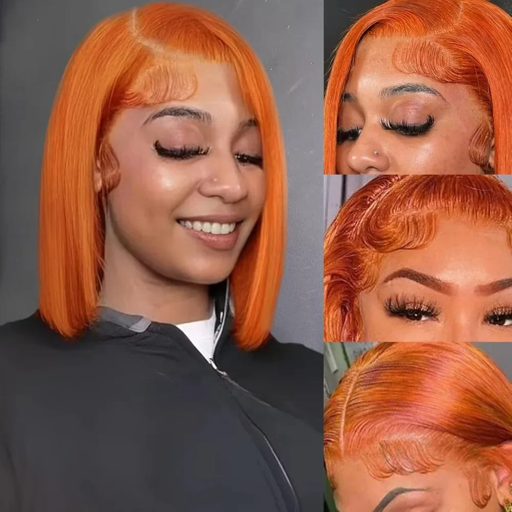 

#350 Ginger Bob Wigs for Black Women 13x4 HD Lace Frontal Straight Orange Human Hair Pre Plucked Hairline with Baby Hair 12 Inch