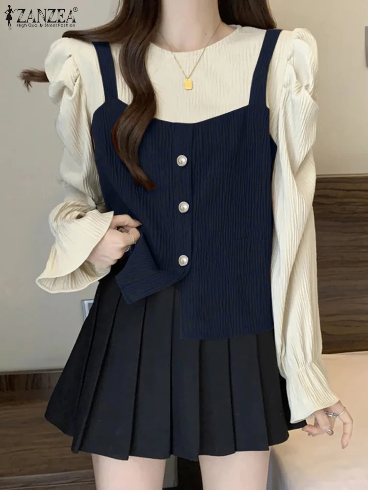 

ZANZEA Corduroy Fake-Two-Pieces Blusas Korean Style Casual Women's O-neck Blouses Long Puff Sleeve Color-Blocked Elegant Tops