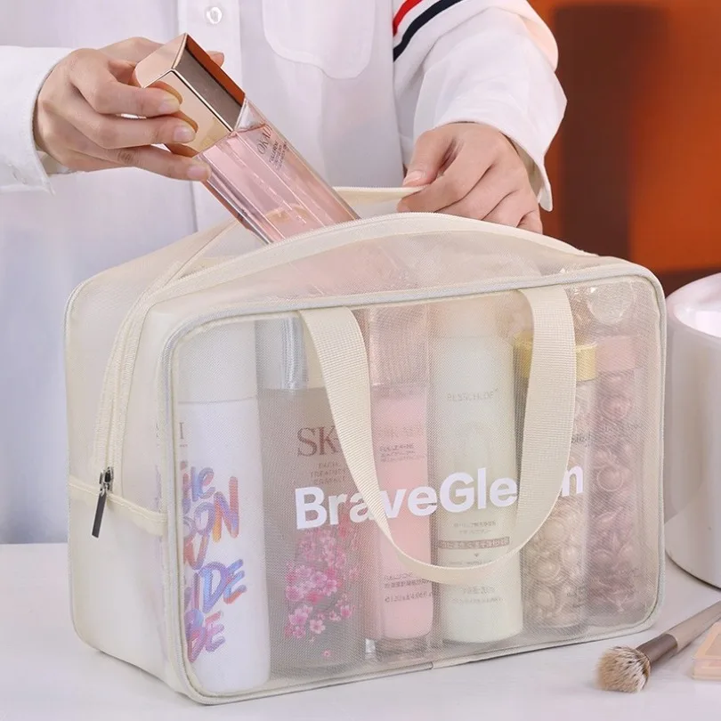 Breathable Mesh Makeup Bag Portable Cosmetic Bag Transparent Travel Ladies Skincare Cosmetics Storage Organizer Hand Pouch