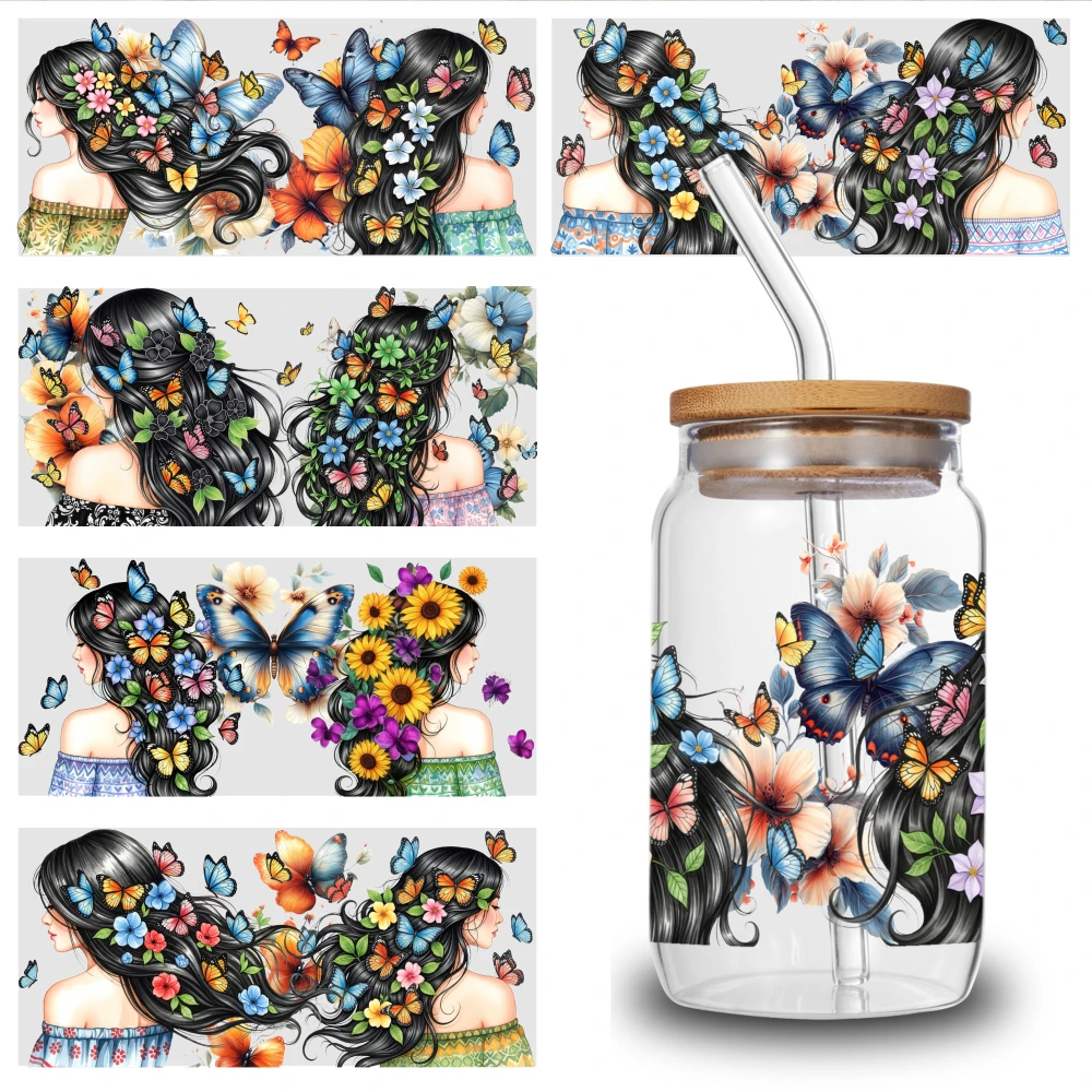 5 Sheets Butterfly Flower Hair Woman UV DTF Stickers Mug Decoration Gift Waterproof Rub on Transfers Waterproof Decals