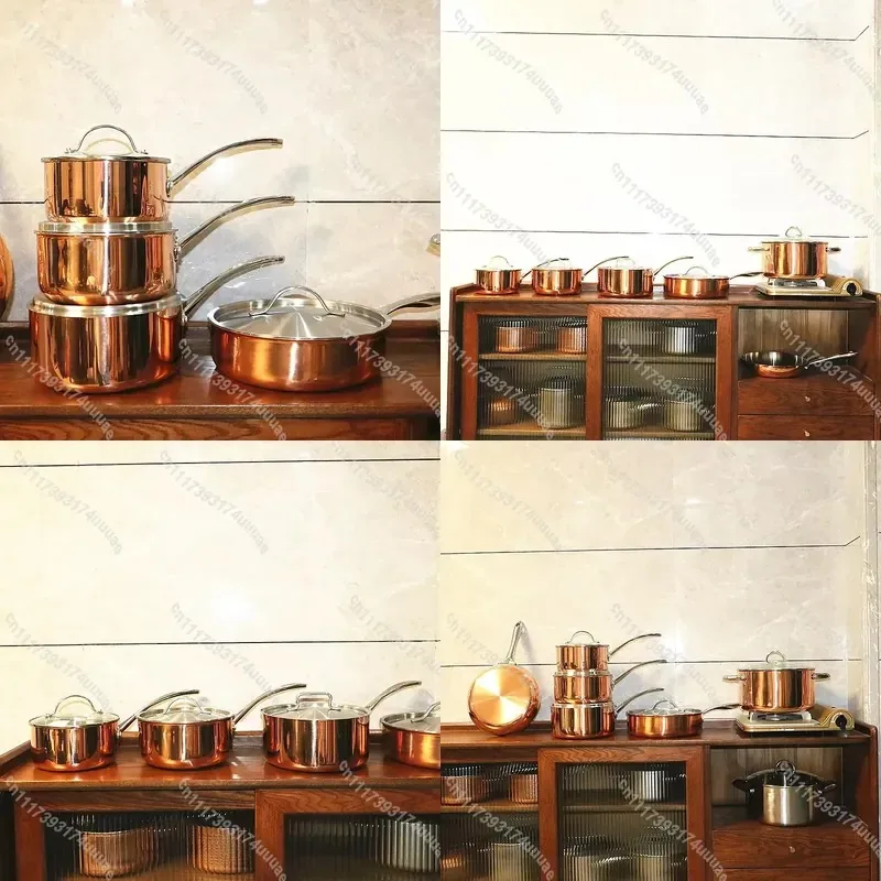 Vintage Copper Soup Pot Uncoated Induction Compatible Milk Pan with Commercial Grade Stainless Steel Base Professional