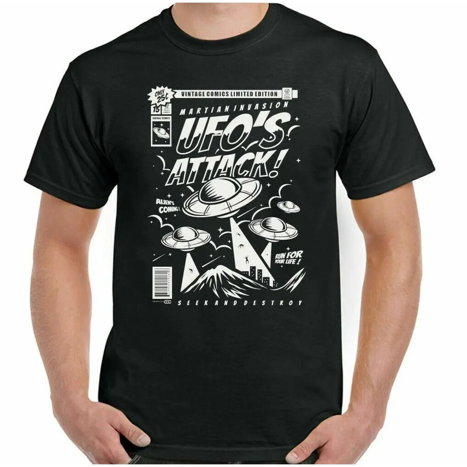 UFO T Shirt Mens Funny Alien Spaceman Spaceship Astronaut Space Telescope vintage Washed fashion graphic Breathable homme