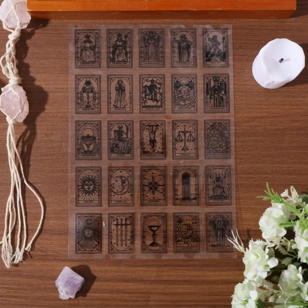 1Sheet Tarot Cards Clear Stamps for Cards Making Magic Divination Clear Stamp Seals 5.83x8.27inch Transparent Stamps
