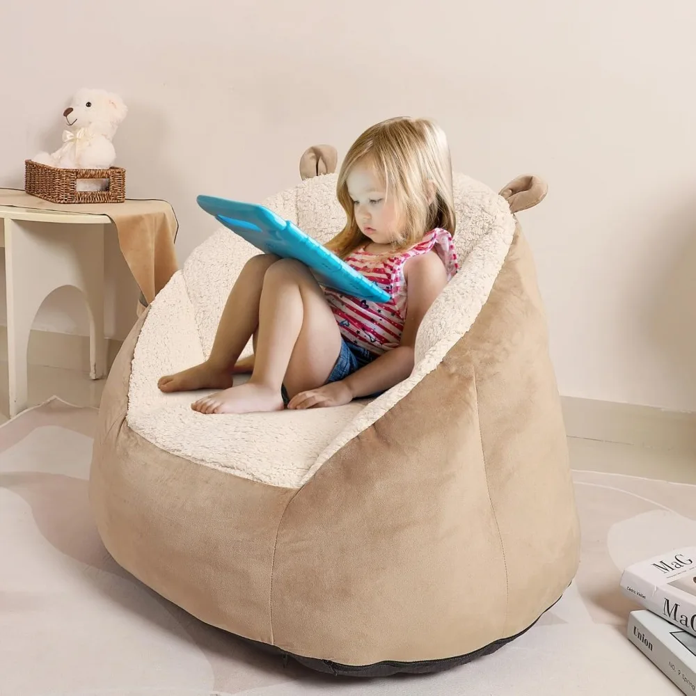 Cute Soft Bean Bag Chair for Kids with Fluffy Bear Ears, Cozee Fluffy Lazy Chair for Up to 10 Years Old Girls and Boys