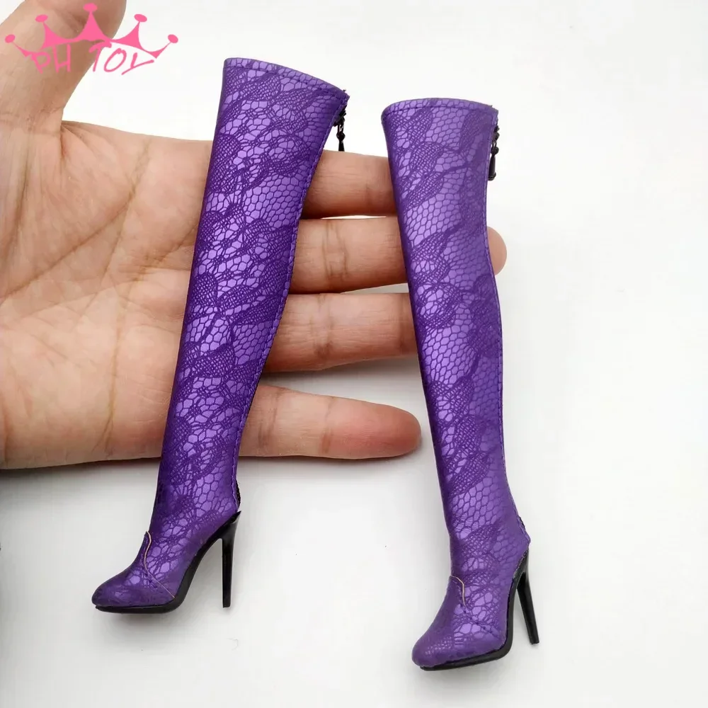 Purple Zipper Hollow Shoes Model 1/6 Scale Female Solider Long High Heeled Boots for 12in PH TBL doll Action Figure Toy