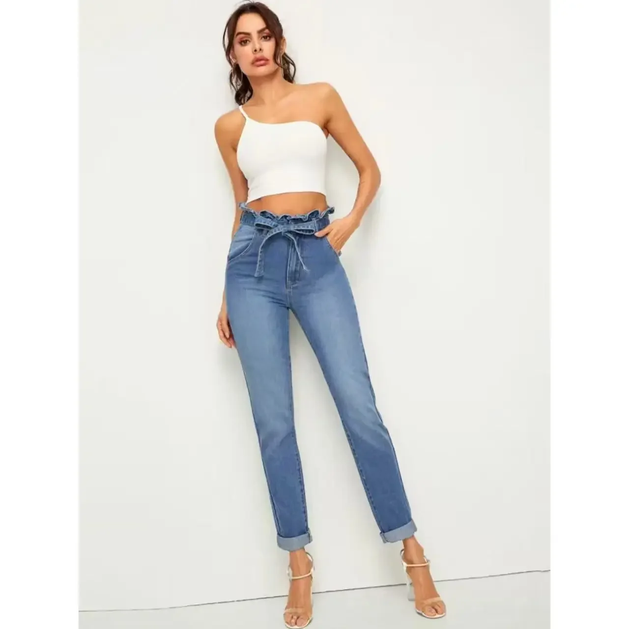 

Y2k Jeans For Woman Elastic Flared Trousers Featuring Bow Drawstring Unique Waist And Rolled Cuff Trendy Style