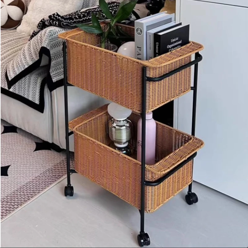 

Imitation Rattan Weaving Storage Basket Living Room Sofa Storage Rack Double Layer Mobile Organize Storage Practical Small Cart