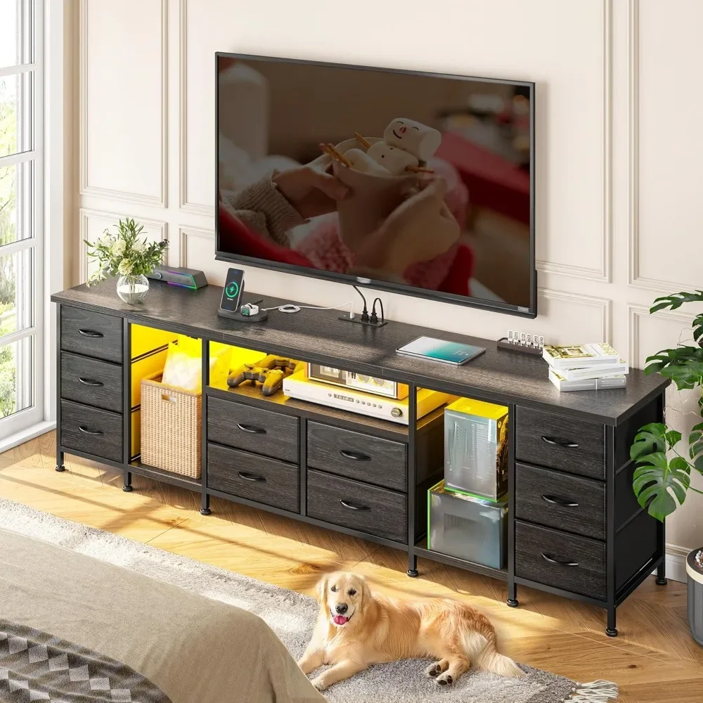 Cômoda de suporte de TV de 85 "para TV de 75 80 85 polegadas 75.5" W Suporte de TV para quarto com LED e tomadas de energia e 10 gavetas