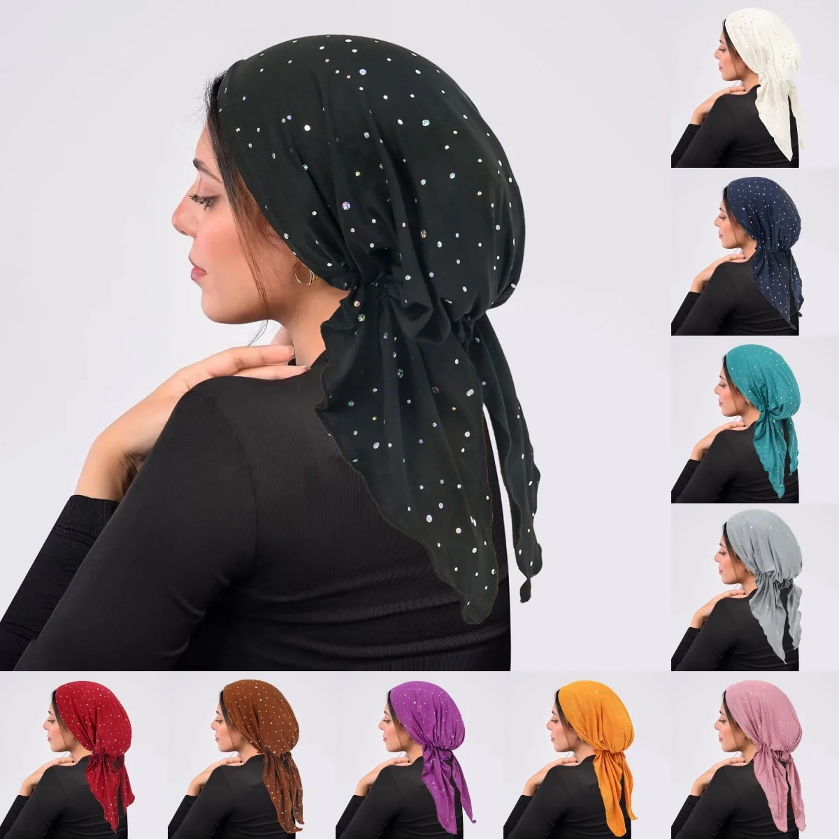 Rhinestone Decor Turban Hat Muslim Hijabs Solid Color Elastic Head Wraps Casual Skull Cap Beanies Chemo Cap For Women