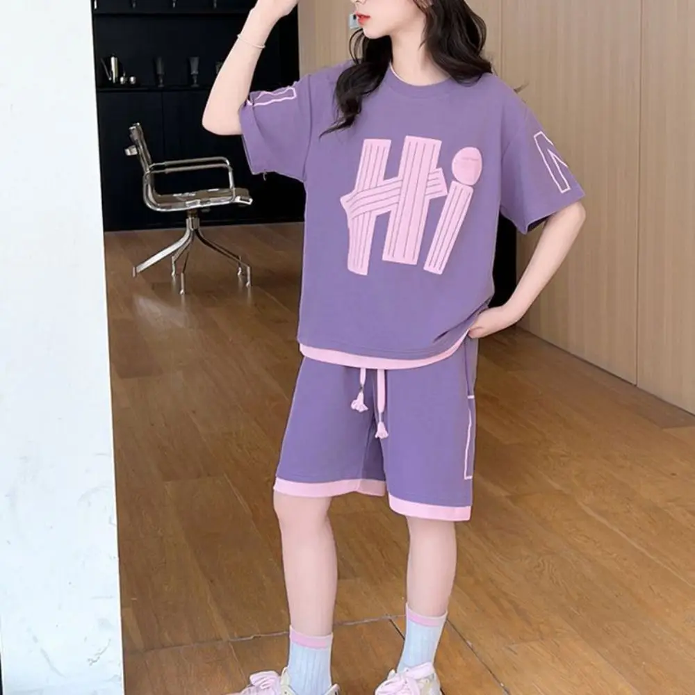 

Two Pieces Set Y2K Children Sports Set Loose Teenagers T-shirt Pants Wear Suit Letter Girls Clothes Set Summer