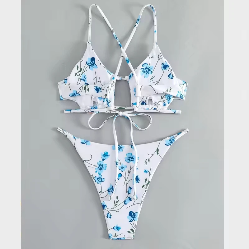 

Cute Floral Swimsuit Cross String Backless Bikini Set Hollow Out Vacation Swimwear Women Thongs Bathing Suit Beach Outfits