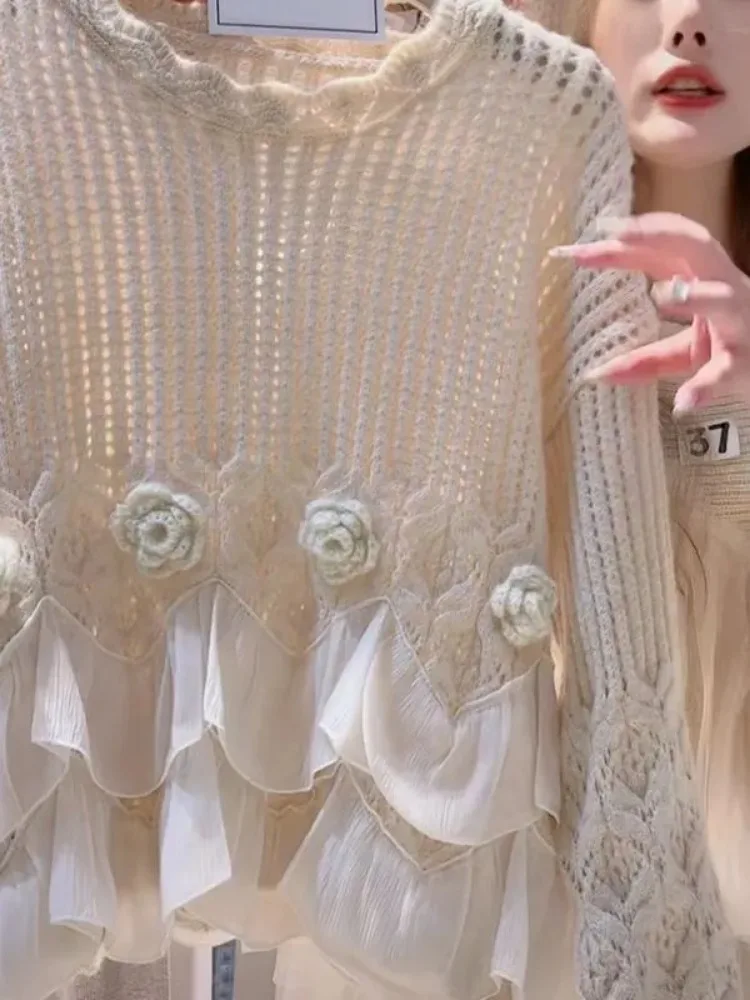 Vintage متماسكة سترة طويلة الأكمام كشكش الدانتيل متابعة الخريف بلوفر شتوي المرأة بلوزات قصيرة شيك س الرقبة ثلاثية الأبعاد زهرة البلوز الحلو جديد #3