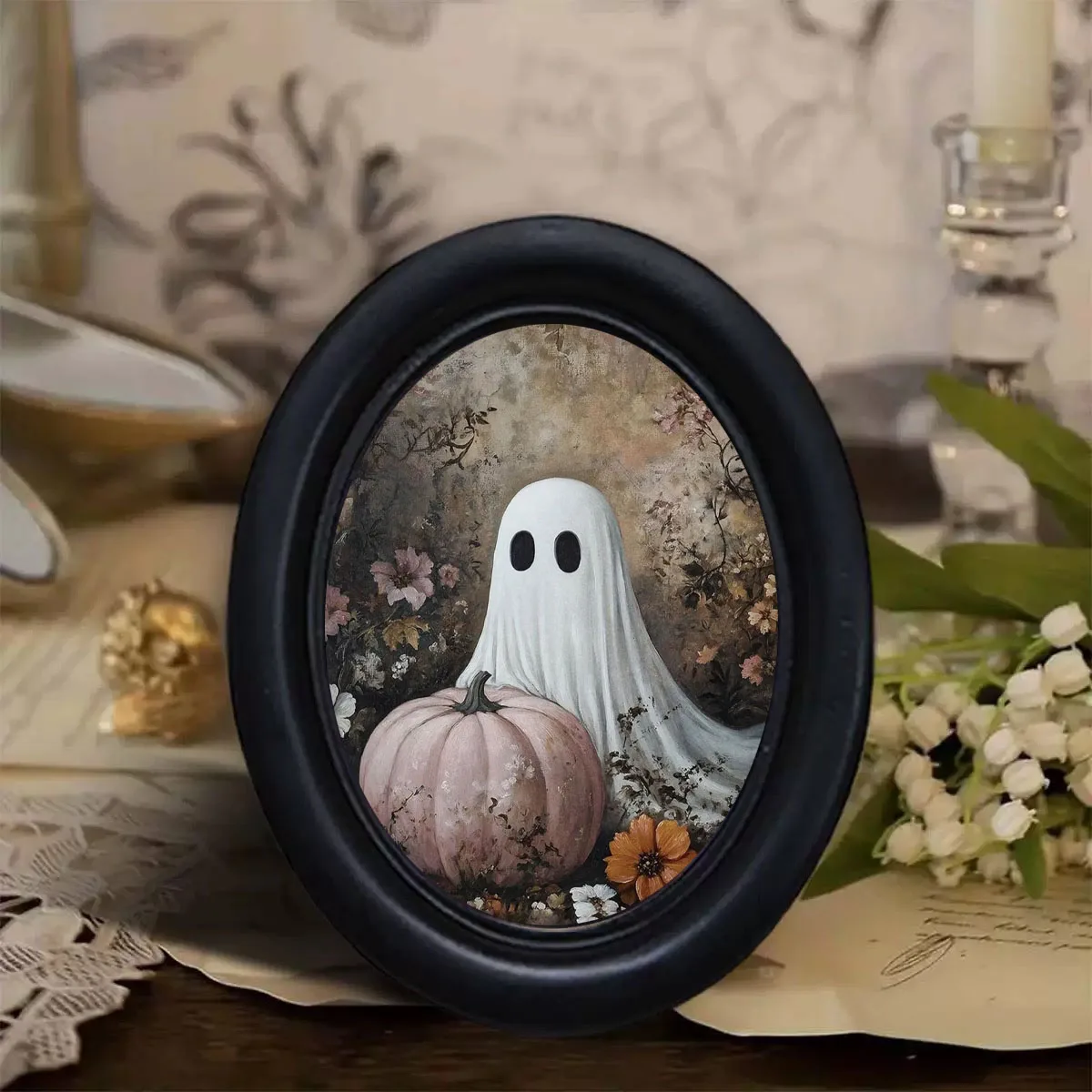 1 Piece of Vintage Pink Pumpkin Flower Cluster Ghost Wall Decoration, 3D Wooden Oval Photo Frame Decoration, Halloween Autumn Atmosphere Decoration, Hand-Transferred Photo, Suitable for Home and Office Wall Decoration, Holiday Decoration