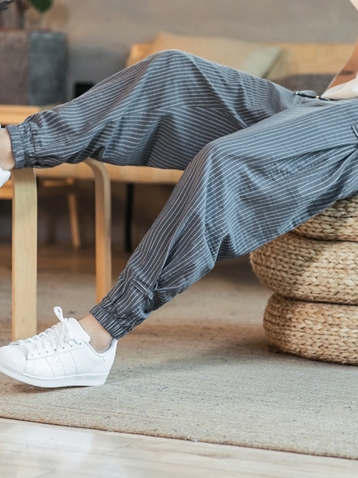 

Summer Thin Cotton Linen Casual Pants Loose Harem Sle Trousers for Men Nine Points Striped Loose Fit Straight Leg Trousers