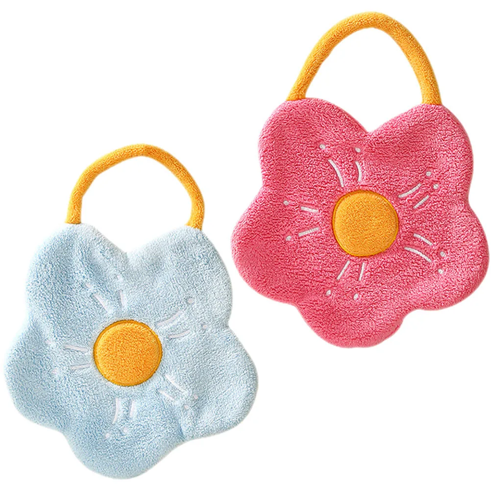 

2Pcs Coral Fleece Hand Towels Flower Design Absorbent Hanging Towels for Kitchen Bathroom Reusable Washable