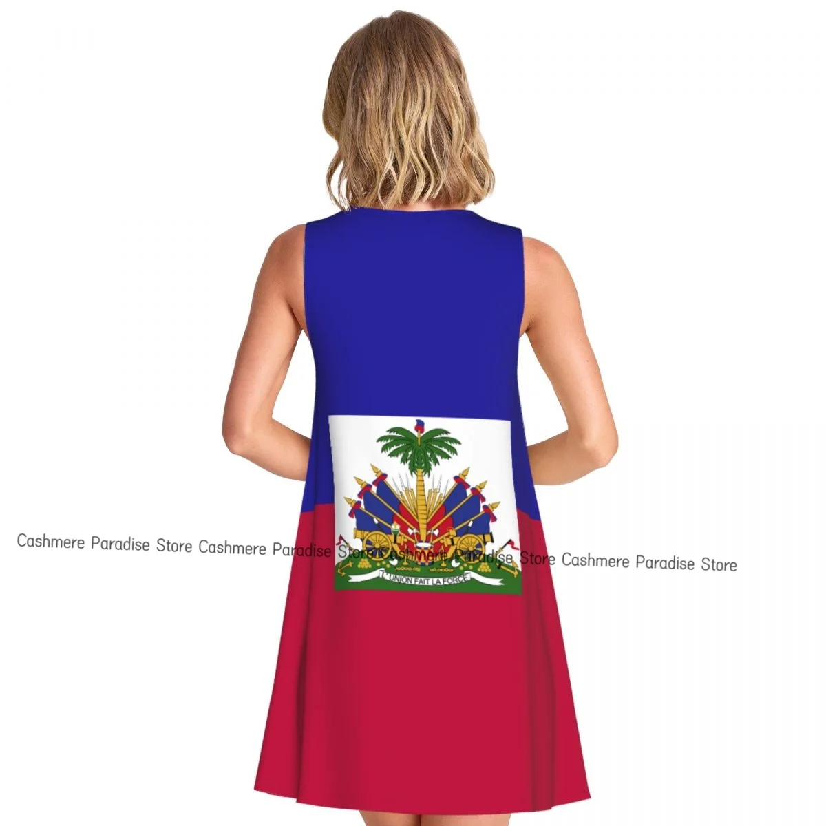 2025 Women's clothing Dresses Haiti Flag Round Neck Sleeveless Length Dress