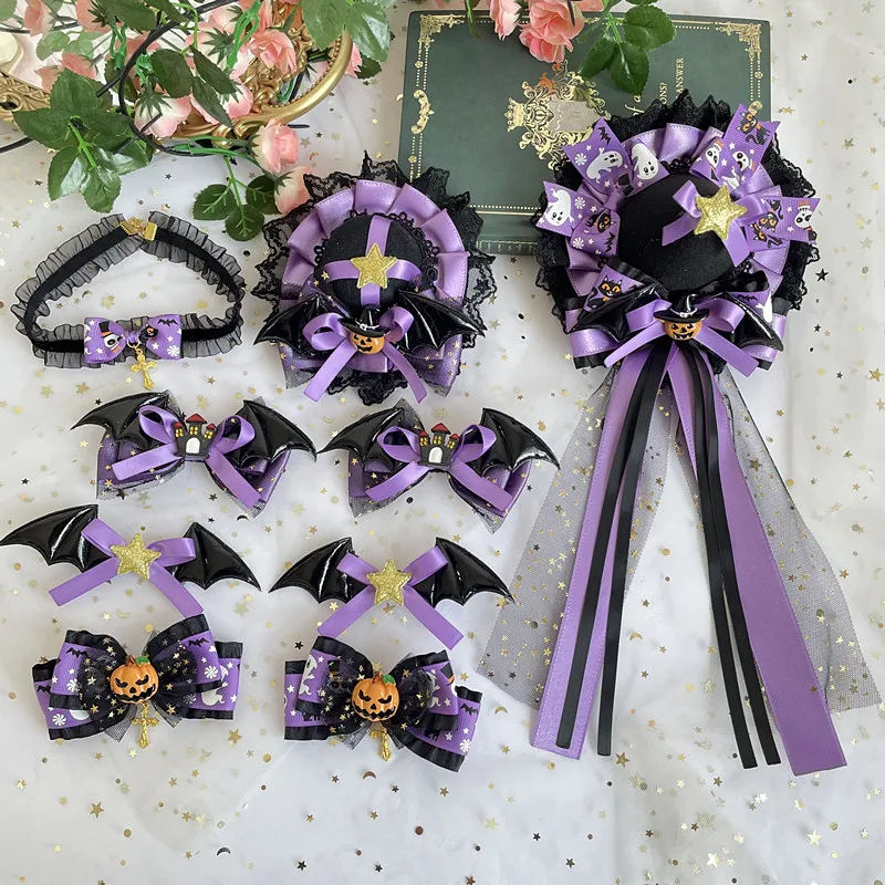 Lolita Halloween Accessories Pumpkin Demon Barrettes Lolita Orange Black Purple Bat Bow Top Hat