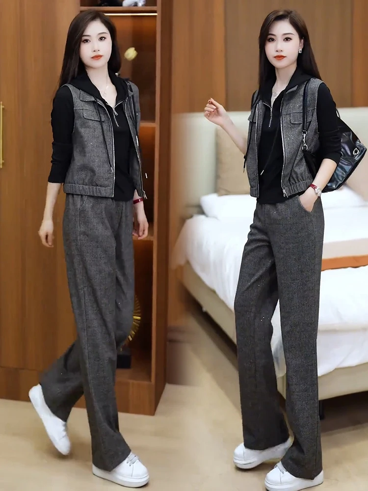 

Универсальный простой женский спортивный костюм: комплект из футболки и брюк с широкими штанинами для мам, осенняя новинка, устойчивый к сминанию