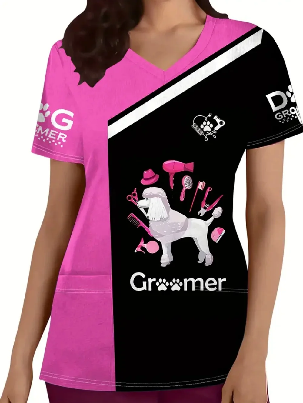 Surgical Uniforms Woman Veterinarian Dog Pattern Print Nurse Tops Fashion with Pockets V-Neck Clothes Medical Scrubs Woman Tees