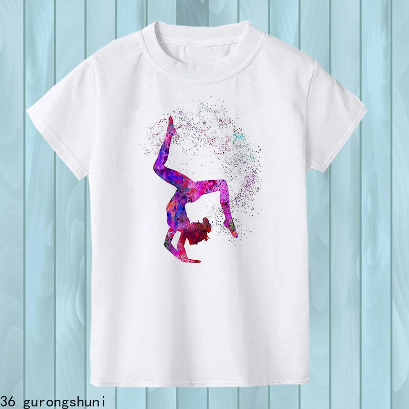 

2024 Gymnast Dancer T-Shirt Femme Watercolor Rainbow Gymnastics Art Tshirt Girls Summer Kids Tees Shirt Tops Child Hipster