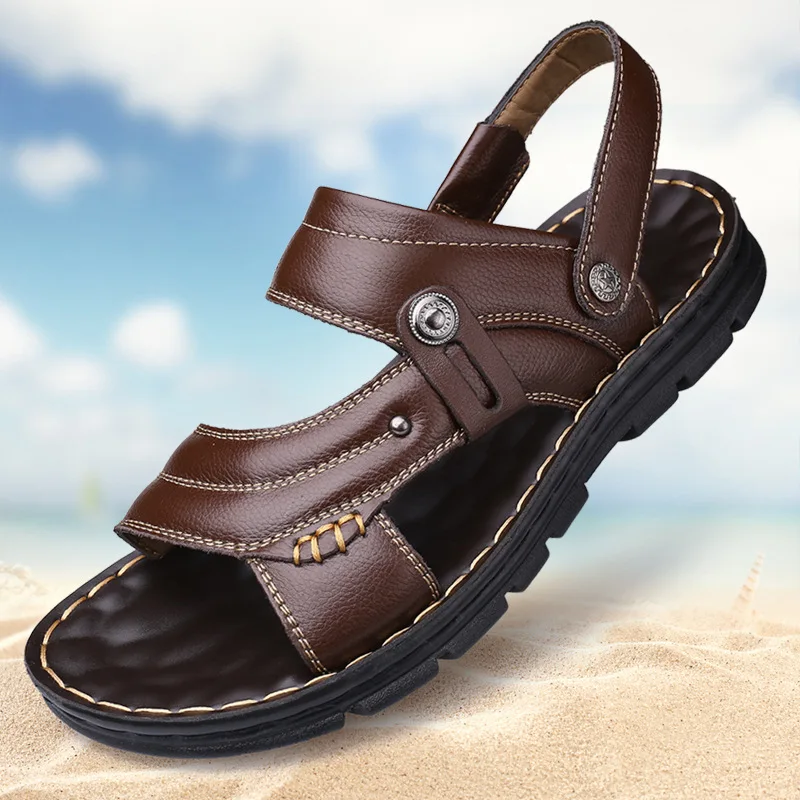 

Summer Men's Beach Sandals Fashion Comfortabl Breathable Lightweight Sandals Outdoor Men Genuine Leather Wear-resistant Slippers