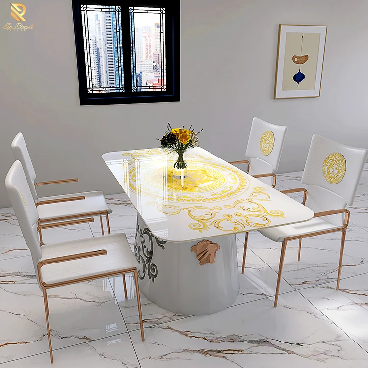 

White Nordic Kitchen Furniture Dining Room Table Set 4 Chair 6 Seater Luxury Italian Designer White Gold Dining Table And Chairs