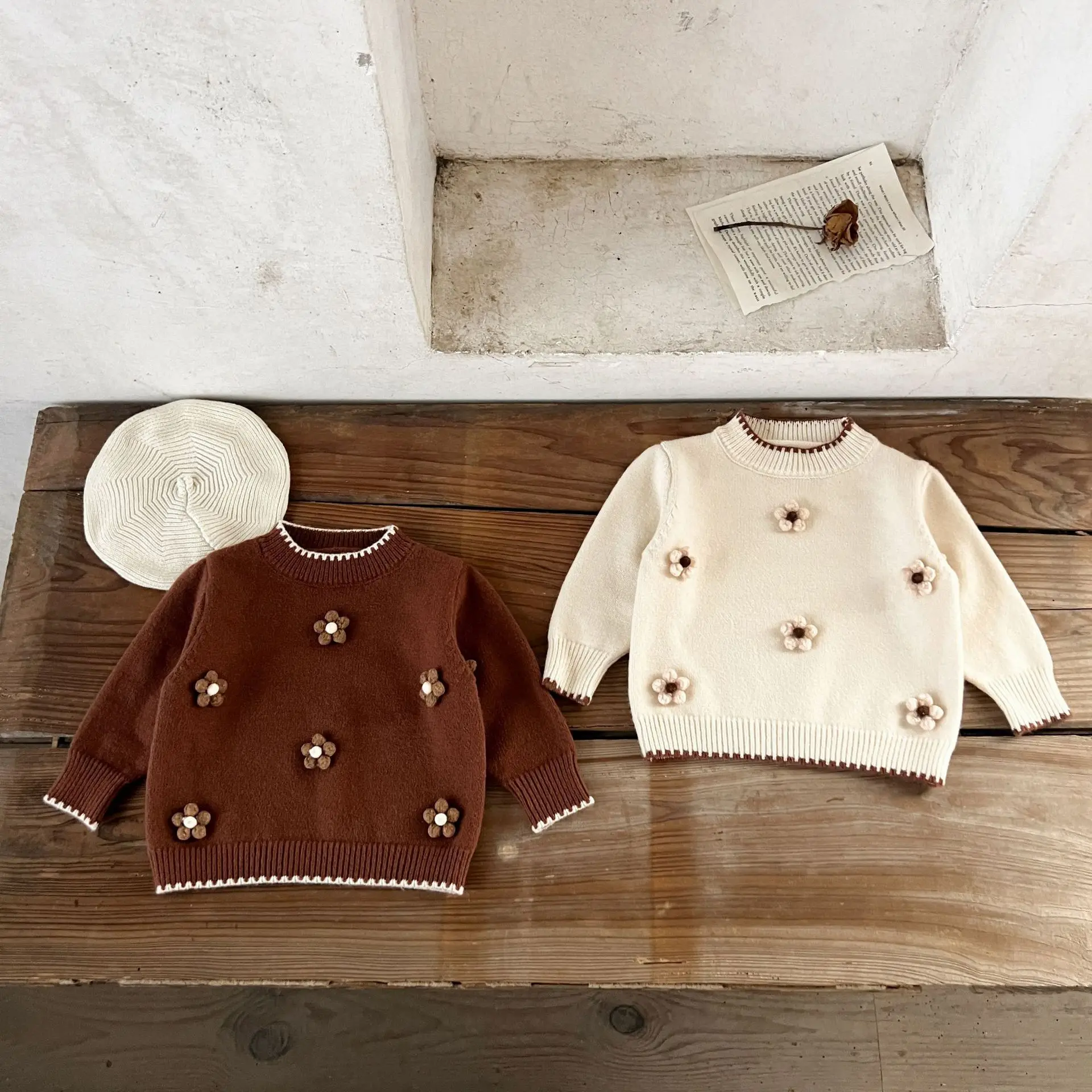Korean Girls' Baby Cotton Three-dimensional Flower Pullover Woolen Top Infant and Child Spring and Autumn Warm Sweater