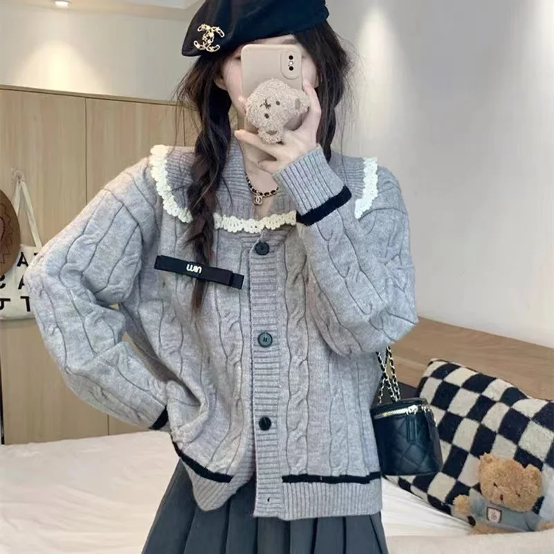 

Fashion Gray Peter Pan Collar Cardigan Sweater Women Autumn and Winter Design Sense Preppy Style Knitted Jacket Female