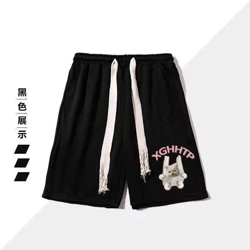 The fashion trend brand letter print shorts men 2024 summer new lazy drawstring loose casual everything five quarter pants