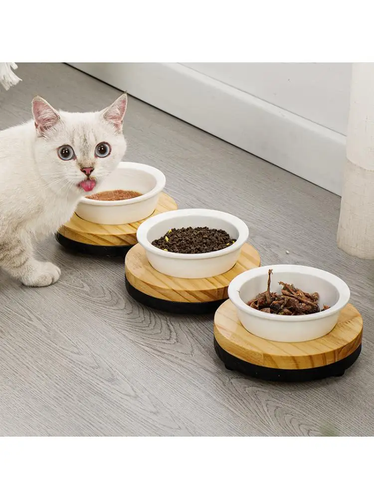 Ceramic Pet Food Bowl, Protects the Cervical Vertebra against Eating Water, Solid Wood, Cat Bowl Holder