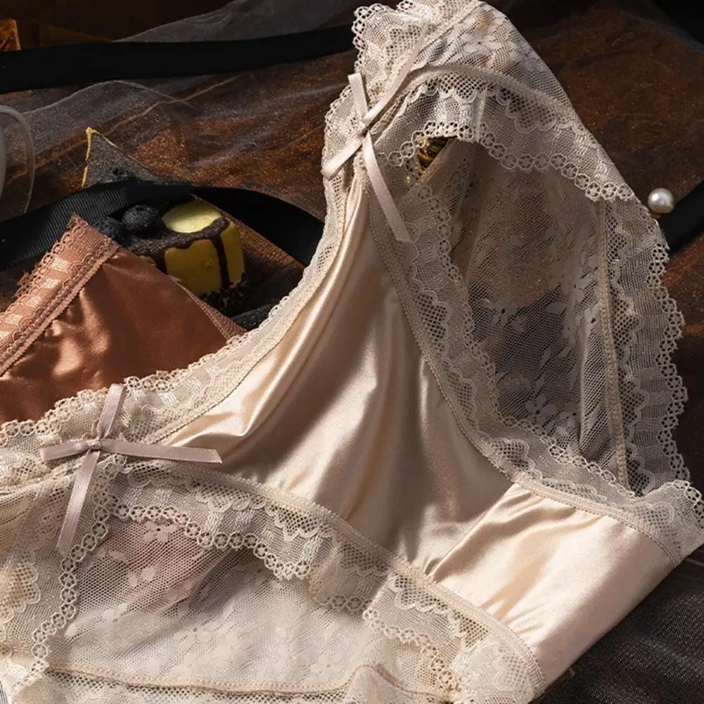 Satin Underwear Oily Shiny Lingerie Lace Sexy Briefs Low Waist Panties Slight Strech Seamless Soft Underpants Bow Triangle Pants