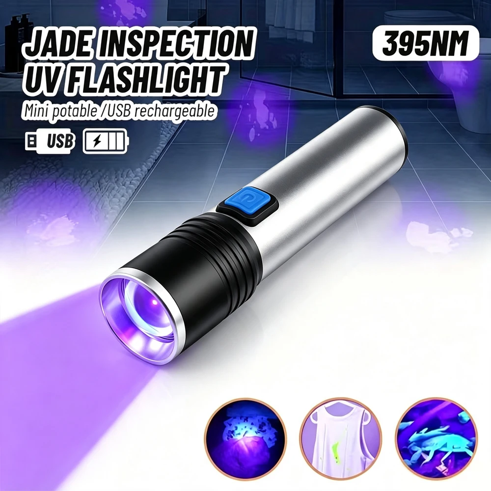395nm UV Flashlight Zoomable Blacklight USB Rechargeable UV Light Ultraviolet Flashlight for Pet Urine Detection Curing Lighting