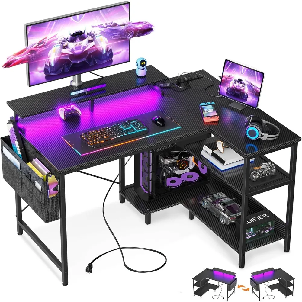 

40 Inch Gaming Desk with USB Power Outlets and LED Lights, Reversible L Shaped Computer Desk