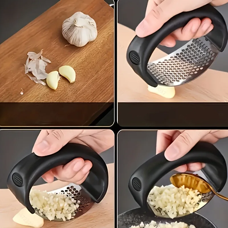 Heavy-Duty Manual Garlic Press with Black Handle, Premium 410 Stainless Steel, Manual Mincer for Garlic, Ginger and Onion