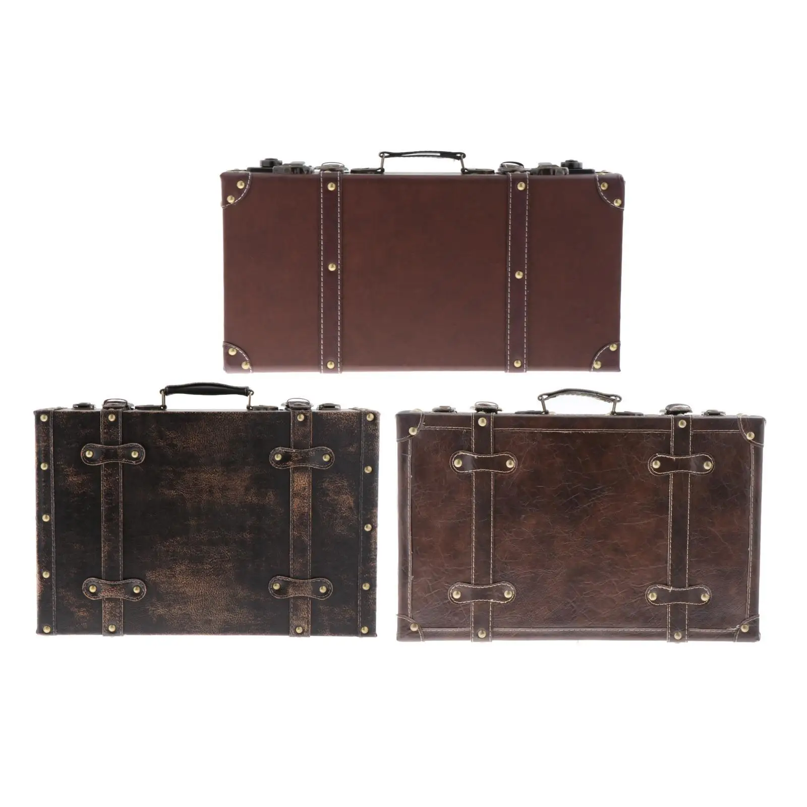 Retro Wood Leatner Suitcase Old Style Decorative Travel Luggage Case Storage Box with Strap Jewelry Box Gift Home Decor