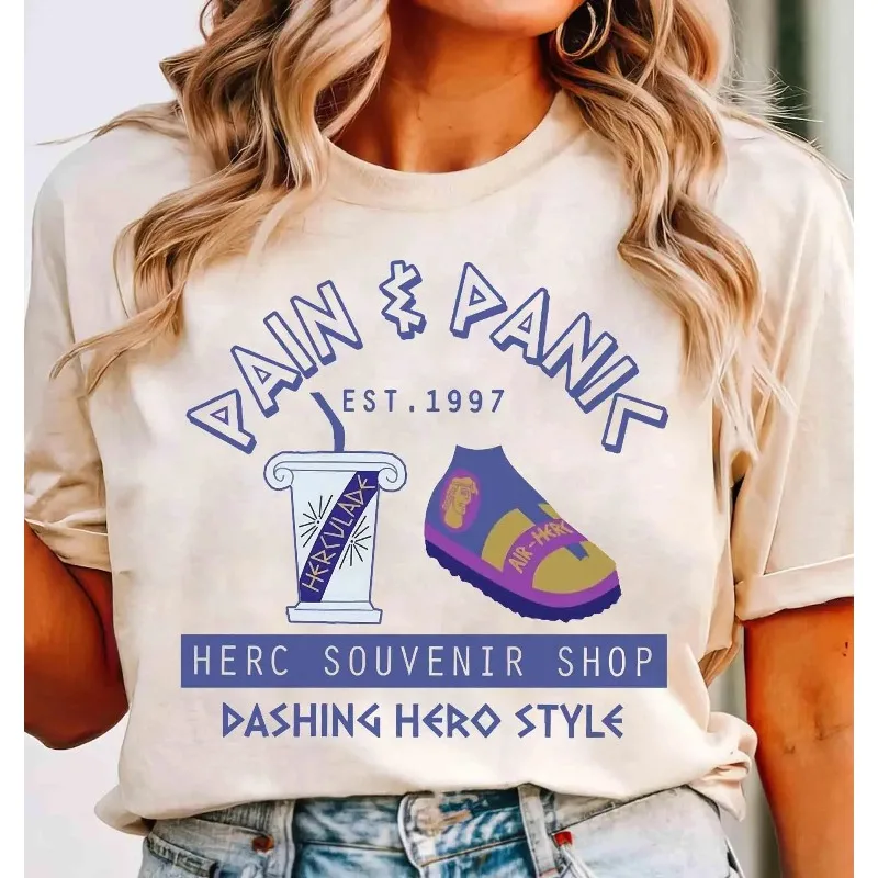 ديزني هرقل الألم والذعر هيركي تذكارية متجر 1997 قميص القطن كل موسم قاعدة طبقة قميص جرافيك تي شيرت