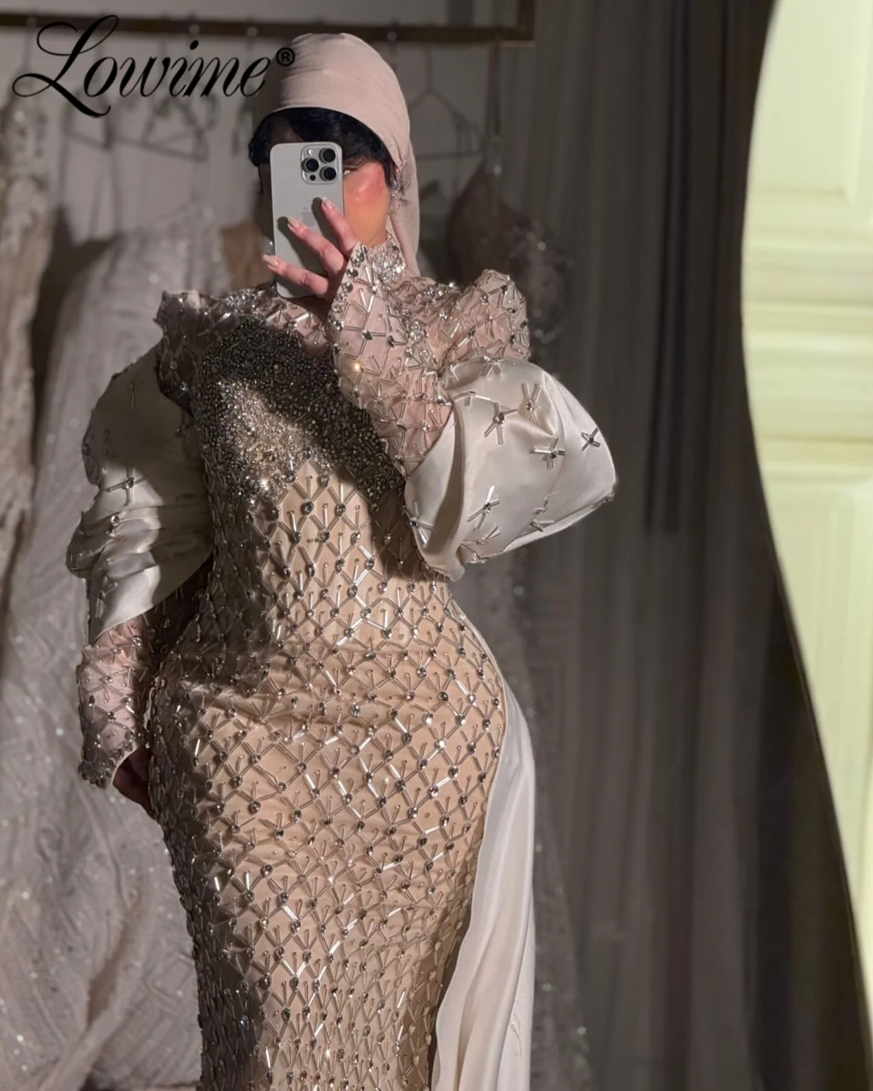 Muslim Women Champagne Mermaid Prom Dresses With Cape Sleeve Heavy Beaded Crystals Celebrity Maxi Evening Party Gowns Customized