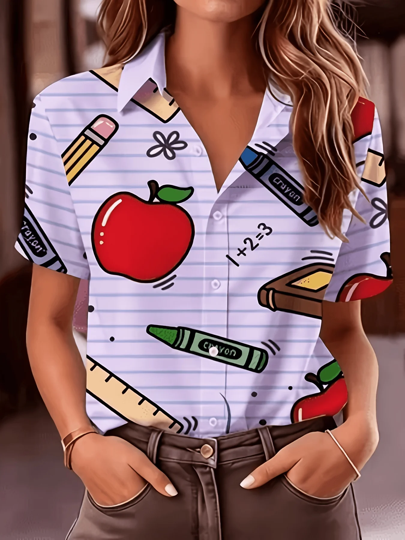 Damen-Langarmshirt mit Cartoon-Apfel- und Schreibwaren-Print, lässig, normale Passform, bequem, vielseitig, für Pendler, für den täglichen Gebrauch – Detail 6
