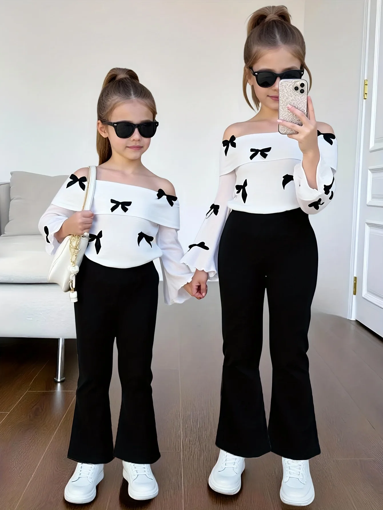 Ensemble 2 pièces pour enfants filles, haut à épaules dénudées avec nœud imprimé et pantalon évasé taille haute, tenue décontractée d'été assortie pour la famille, tenue quotidienne