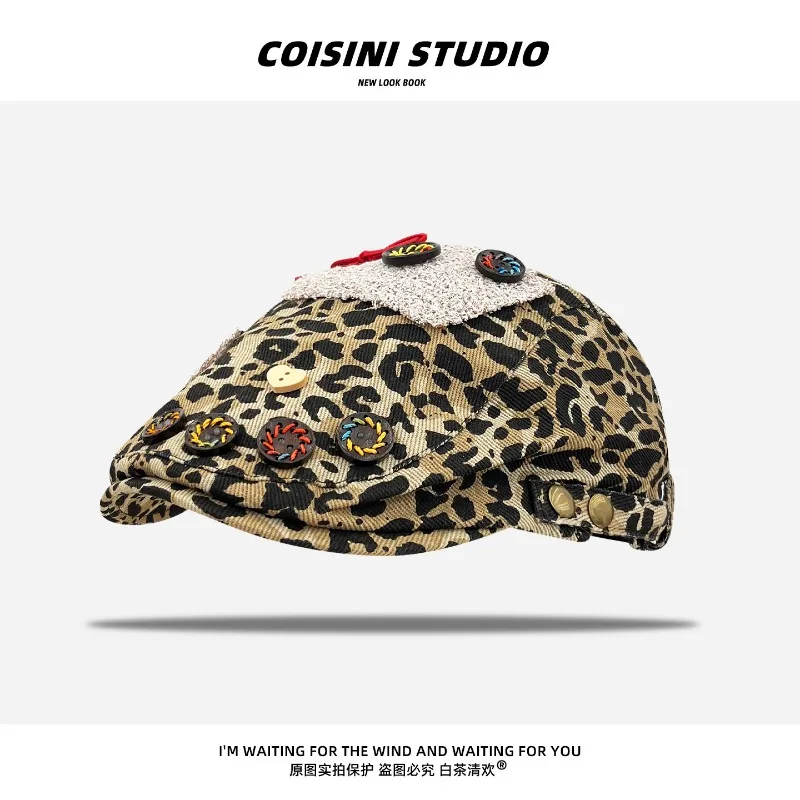 Niche Personality Button Bow Design Leopard Print Forward Hat Woman Spring Street Y2k Short Brim Shade Flat Top Painter Caps