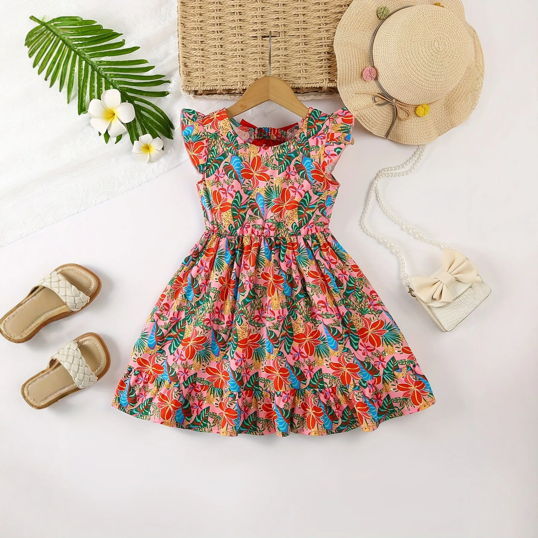 New Arrival Summer Kids Girls Printed Dress  Bow Decor Princess Fashion Stylish Dress For Toddler Girls  for 4-7Y